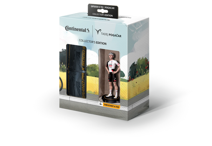 Continental GP 5000 S TR Pogačar Collector's Edition in der Verkaufsverpackung mit Reifen und Sammelfigur