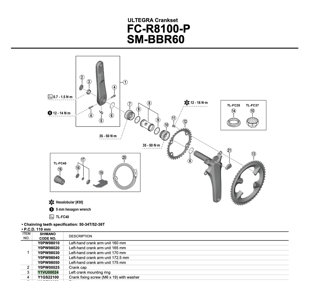 Shimano Kurbelarmfixierring für Ultegra/Dura Ace Powermeter Kurbel| FC-R8100-P / FC-R9200-P