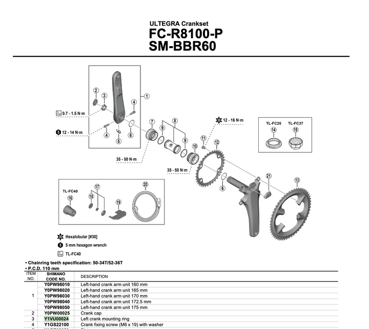 Shimano Kurbelarmfixierring für Ultegra/Dura Ace Powermeter Kurbel| FC-R8100-P / FC-R9200-P