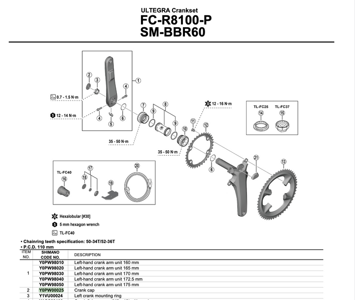 Shimano Powermeter Abdeckung Ultegra FC-R8100-P links | Abdeckkappe Y0PW00025